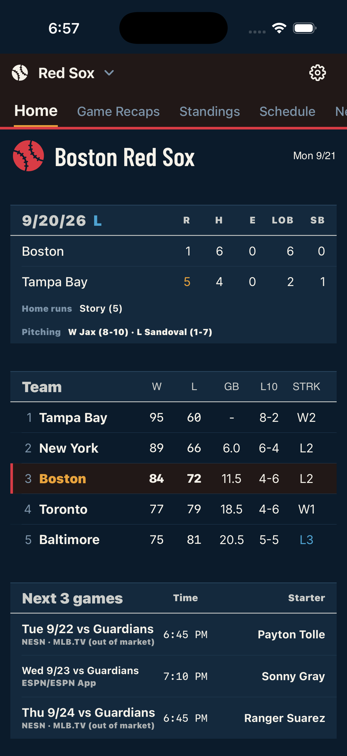 Hub Ball’s home screen with a Red Sox game recap, division standings, and upcoming games
