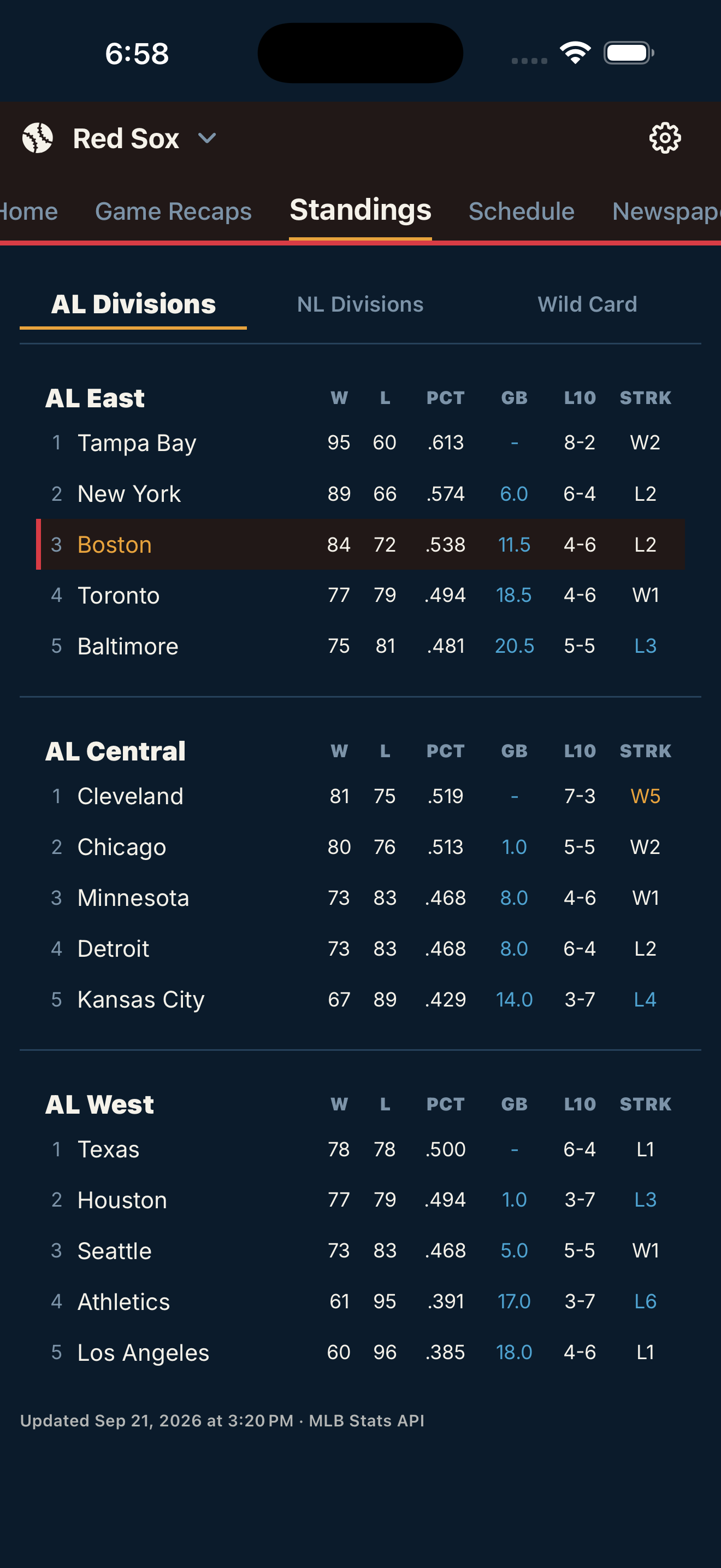 Hub Ball division standings screen with team records and playoff standings